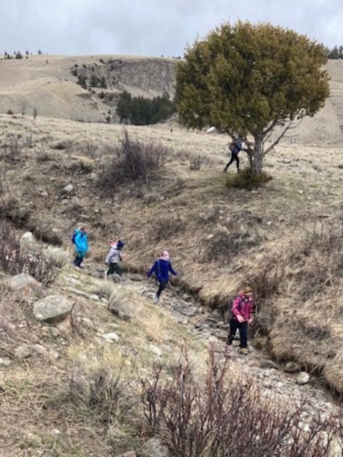 Youthful antler hunters search for sheds in a dry creek bottom. Photo courtesy Julie Fustanio