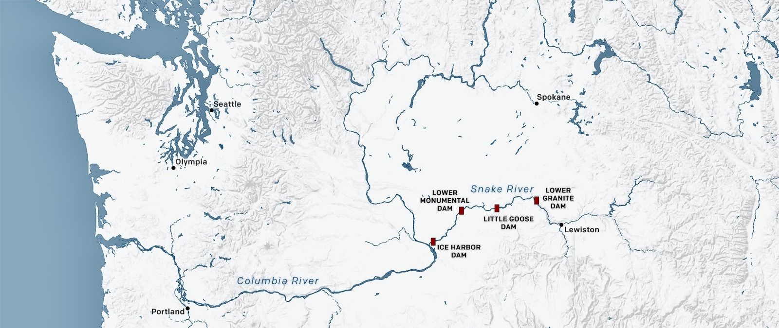 Map showing four dams on the Lower Snake. Graphic courtesy EarthJustice