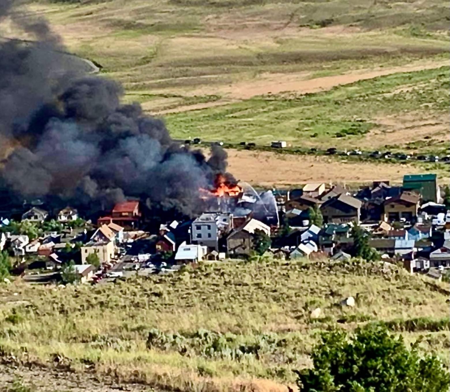 Aerial photo of downtown Gardiner on the day it burned. Photo courtesy Park County Sheriff's Department