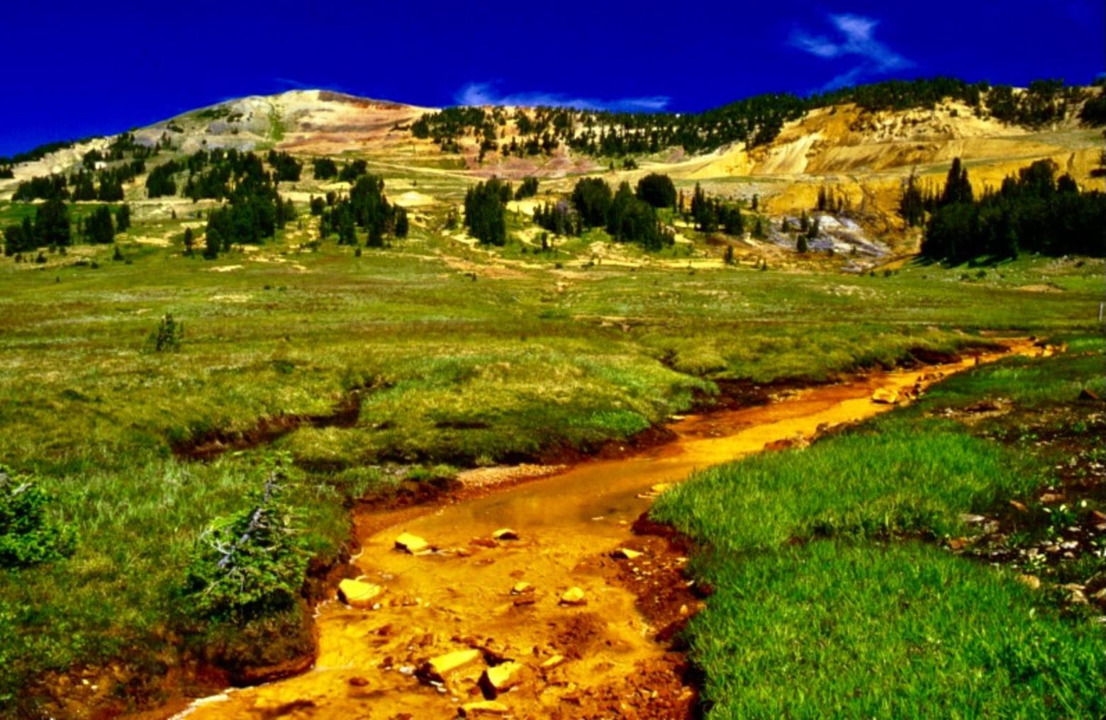 On the flanks of Henderson Mountain, some creeks and seeps flowing off of abandoned mine sites flowed orange with acid mine drainage,  revealing the legacy of earth disturbance combining sulfide-rich ore bodies with water and air.  What Noranda proposed in terms of ore processes would have dwarfed what had happened before. Photo courtesy US Forest Service 