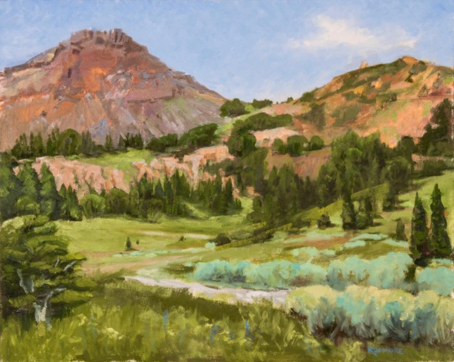 "Crown Butte," a landscape painting by Barbara Rusmore. Anyone who visits the vicinity around Crown Butte, Henderson Mountain and the drainage where the New World Mine would have been constructed might not be aware of the toxic legacy of historic mining or the threat of new mining that loomed large. Not only was a mine fought off, but reclamation has resulted in re-wilding near Yellowstone and the Absaroka-Beartooth-Beartooth Wilderness. 