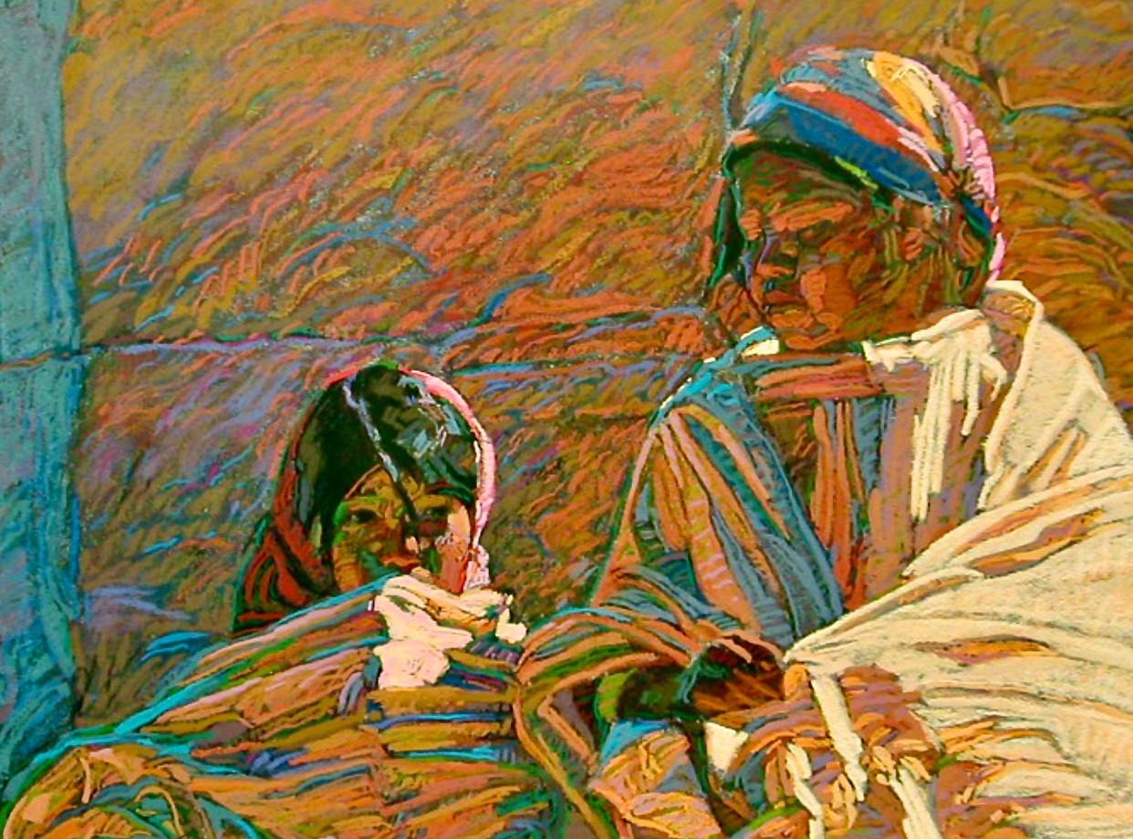 About this artwork: "Adolescent Girls," a pastel by artist George Carlson of Tarahumara sisters living in the Copper Canyon of Mexico.