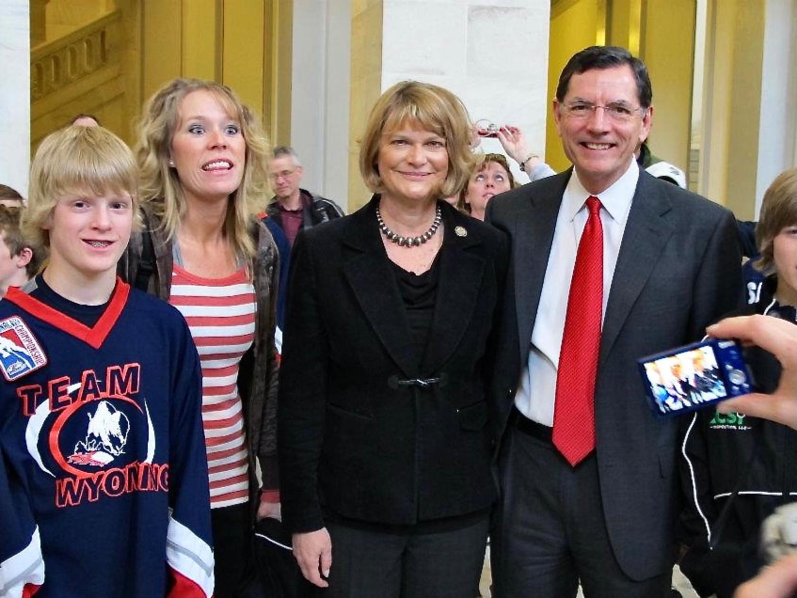 Top: Trump and Lummis. Just above: U.S. Sens. from Wyoming Cynthia Lummis and John Barrasso—two-thirds of Woming's Congressional Delegation,  pose with constituents at a meet and greet in Washington D.C.  The looming question is: Will Lummis and Barrasso back incumbent Cheney in next year's GOP primary for Wyoming's lone Congressional seat or will they side with Harriet Hageman, endorsed by Trump who is irate with Cheney for saying the catalyst for the unprecedented Jan. 6 insurrection at the US Capitol needs to be investigated.