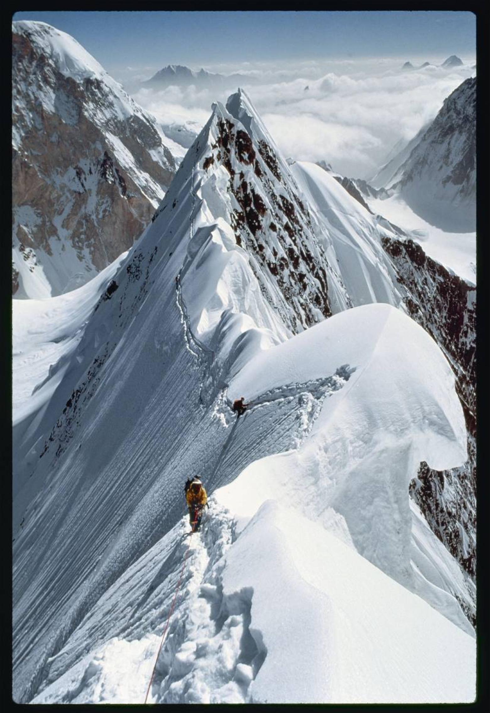Ridgeway in the lead while scaling the northeast "knife-edge" ridge of K2 four decades ago. Behind him is Lou Reichardt as they they approach Camp IV at 23,000 feet. Photo courtesy John Roskelley.