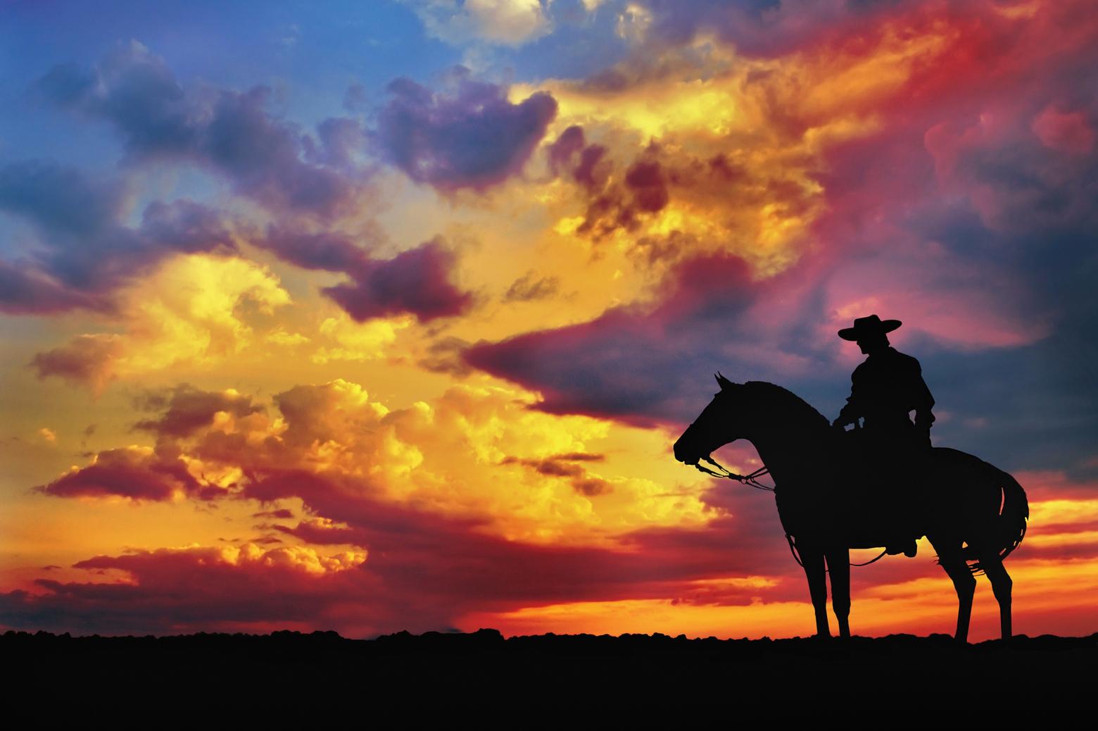 The American West often lionizes the myth of cowboys too tough to feel any pain (physical or emotional).  While the silhouette of a solo rider on the open prairie is romantic, nobody really wants to become a lonesome cowboy, Timothy Tate says. Image licensed through Shutterstock. Not for use elsewhere.