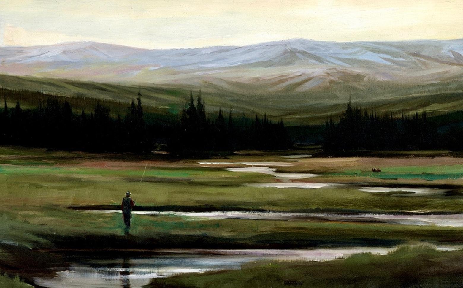 "Grizzly Fisherman," a painting by Rod Crossman. Suppose, for a moment, that the creek in this fictional scene was real yet little known. And suppose a travel/outdoor recreation writer wrote a story touting that it contained the best trout fishing in Greater Yellowstone and then circulated the story on social media. How long do you think the quality of the fishing, the peace of the place and the solace it provides for wildlife, like the grizzly in this scene, would last? Every year, promotion is happening with real places and seldom are the consequences considered. To see more of Crossman's amazing nature paintings go to rodcrossman.com