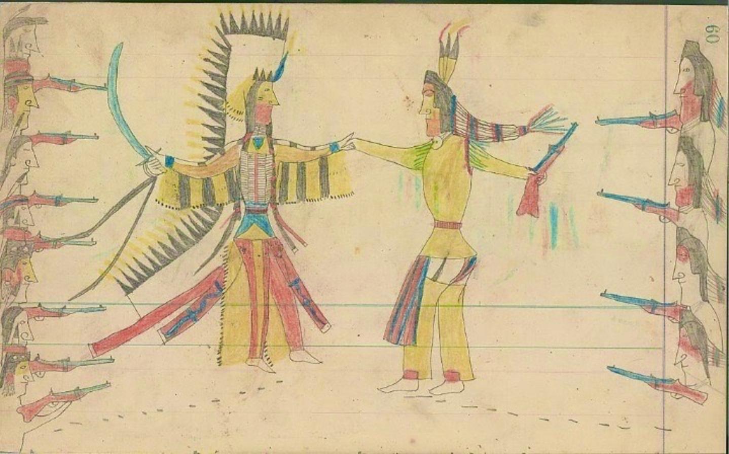 Ledger drawing of Northern Cheyenne war leader and warriors (left) coming to a truce with a Crow leader counterpart after a battle (artwork circa 1880 or about eight years after Yellowstone was created and four years after the Battle of the Little Bighorn).  More than 27 tribes have a historical connection to the lands in and around present-day Yellowstone, including tribes that, at various points, were enemies. Dr. Doyle's research and that of colleagues reveals that indigenous habitation of the region extended, at least seasonally, to some of the highest reaches of the Beartooth Mountains northeast of the national park. It could unlock some insights into how people coped with earlier expressions of climate change.  Artwork public domain. 