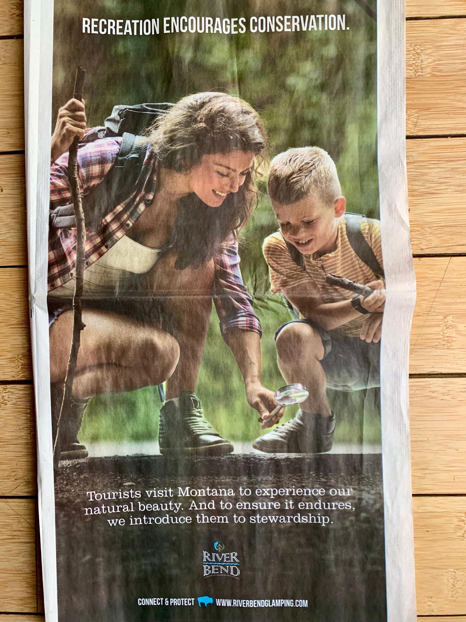 A photograph of the full-page ad which ran in the Bozeman Daily Chronicle and was paid for by developers of the proposed River Bend Glamping Getaway for the banks of the famous Gallatin River west of Bozeman.