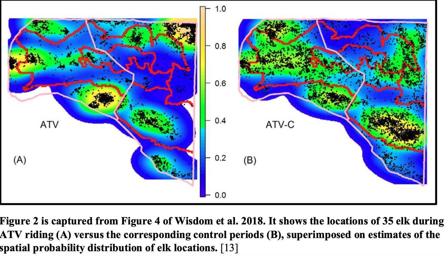 This graphic, used in the analysis by Desjardin, Thrasher and Gallensky, shows, at left, where elk congregate and in approximate numbers when confronting disturbance from ATVs. At right is the same area but when no recreation was allowed for a period of time. It serves as a baseline for pondering normal elk use in the habitat when recreationists are not present. The datapoints are themselves based on earlier peer-reviewed research. 