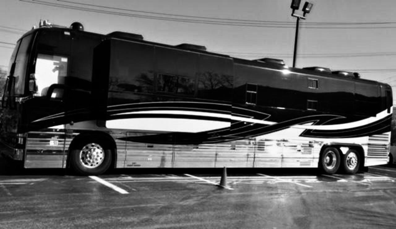 The troubadour never rests: Dylan's tour bus in 2019 parked at State College, PA, home of Penn State where Thompson teaches English Lit, including a seminar that features music and words of Dylan. Thompson also saw Dylan perform when he came to Bozeman.  Photo courtesy Toby Thompson