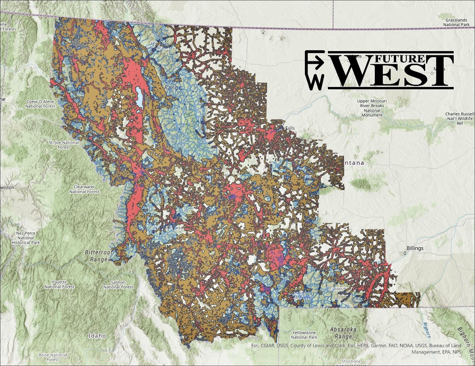 A Rorschach test for public land managers and elected officials in Montana? No, it's an "elk disturbance map" created by landscape biologist Brent Brock with Future West. It shows the disturbance footprint created by human activity that wildlife avoid or exhibit high levels of stress across western Montana and based on scientific studies. Home impacts are represented by reddish (salmon) color;  roads in brown and trails in blue. "The results indicate that the human disturbance footprint is pervasive across the majority of land in western Montana, including large roadless areas," Brock says. 