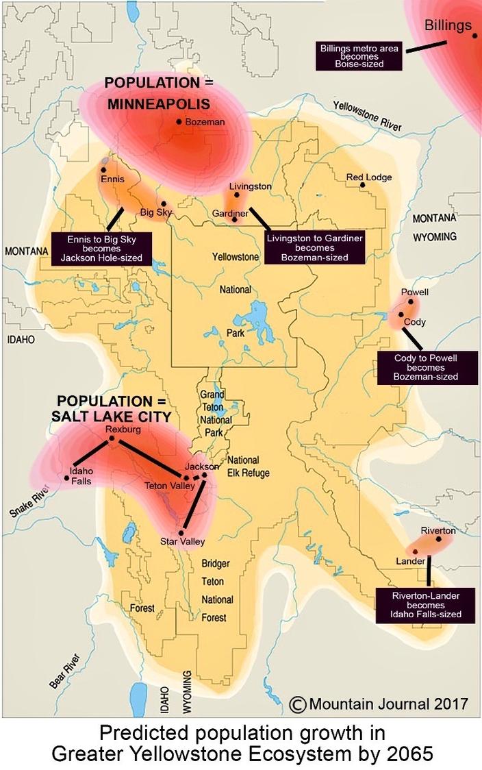 When MoJo met with a planning expert in 2017 who projected population growth for Bozeman/Gallatin County based on existing data, he said the area would reach Minneapolis proper size (440,000 people) by the mid to late 2060s. The Covid pandemic accelerated the growth rate beyond 2017 levels.. Meanwhile, the corridor connecting Idaho Falls to Rexburg-Teton Valley-Jackson Hole-Star Valley currently holds a population equivalent to current-day Salt Lake City proper (225,000 people) and is expected to add another 225,000 more. Without planning and zoning, wildlife habitat will not be protected,  