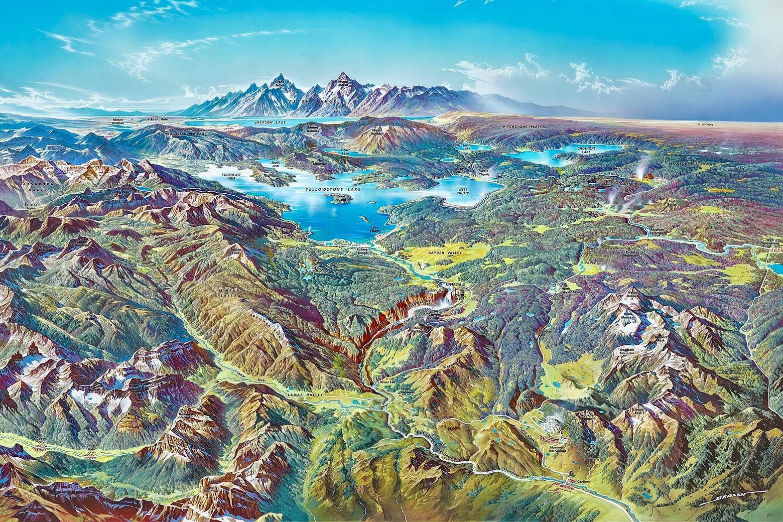 Heinrich Berran created this map of Yellowstone looking southwesterly toward the Tetons and into Idaho for the National Park Service decades ago. While the Greater Yellowstone Coordinating Committee is supposed to be leading the way in ecosystem thinking, many of its member agencies remain entrenched in their bureaucratic silos and have been absent in tackling issues like sprawl and industrial recreation that is negatively affecting public lands. 