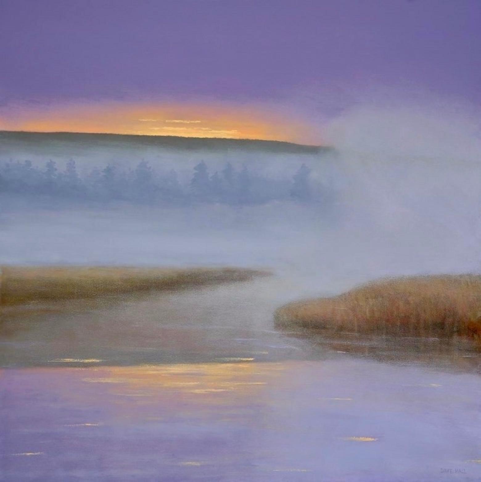 "Dawn in Lavender," a painting by Dave Hall. You can put a signed, limited edition reproduction of this work on your wall. Of the inspiration for the scene, Hall writes: "For years I've hiked with friends and camped in a favorite Yellowstone location, along the banks of a favorite Yellowstone creek (both of which shall go unnamed)—there I've seen wolf tracks in the gravel meanders and over the years grizzly mothers have taught their cubs the ways of the world in the meadows. We are visitors to their wild home. A painting is a good way to experience their place without taking from it. This work celebrates the sunrise."