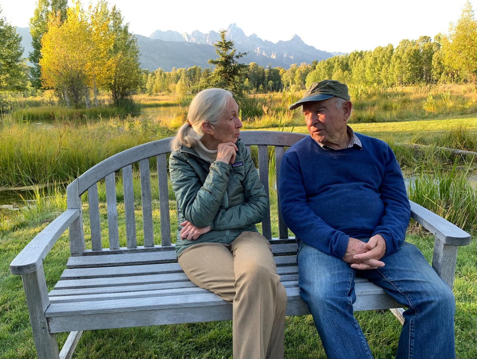 Friends with vision having a chat in the Tetons: Jane Goodall and Yvon Chouinard. Jackson Hole has become a springboard not only for the American conservation ethic that shines brightly in Greater Yellowstone, but it inspires Goodall and Chouinard to confront global environmental challenges with the best way they know—leading by example. Photo by Todd Wilkinson