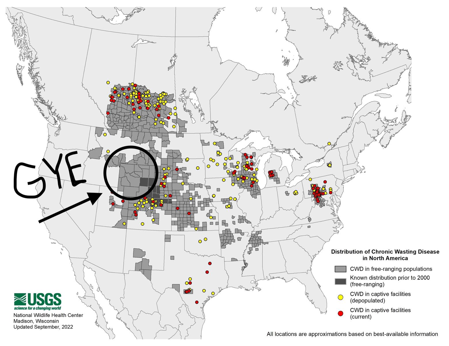 Map from the USGS showing where CWD is present in the Lower 48 and Canada—in both wild and captive corvid herds. 