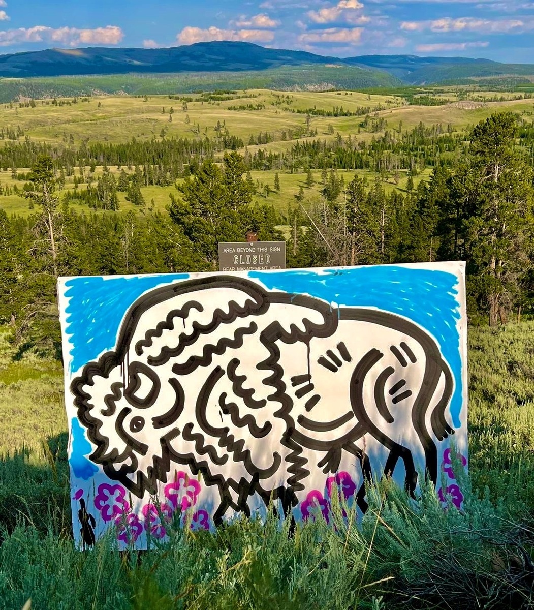 This bison (artwork) created on location in Yellowstone by Eric Junker honors the backcountry closure sign but Ryker hopes the motifs will wander visually far and wide, awakening people to the notion that wildlife and the land it inhabits is worth protecting. From Greater Yellowstone, his art could appear.....