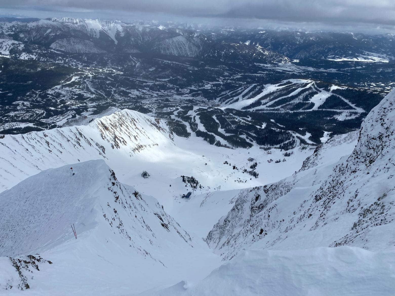 Looking northeast from the top of Lone Mountain at Big Sky Resort with the Big Couloir and the tram dock below. Photo by Joseph T. O'Connor