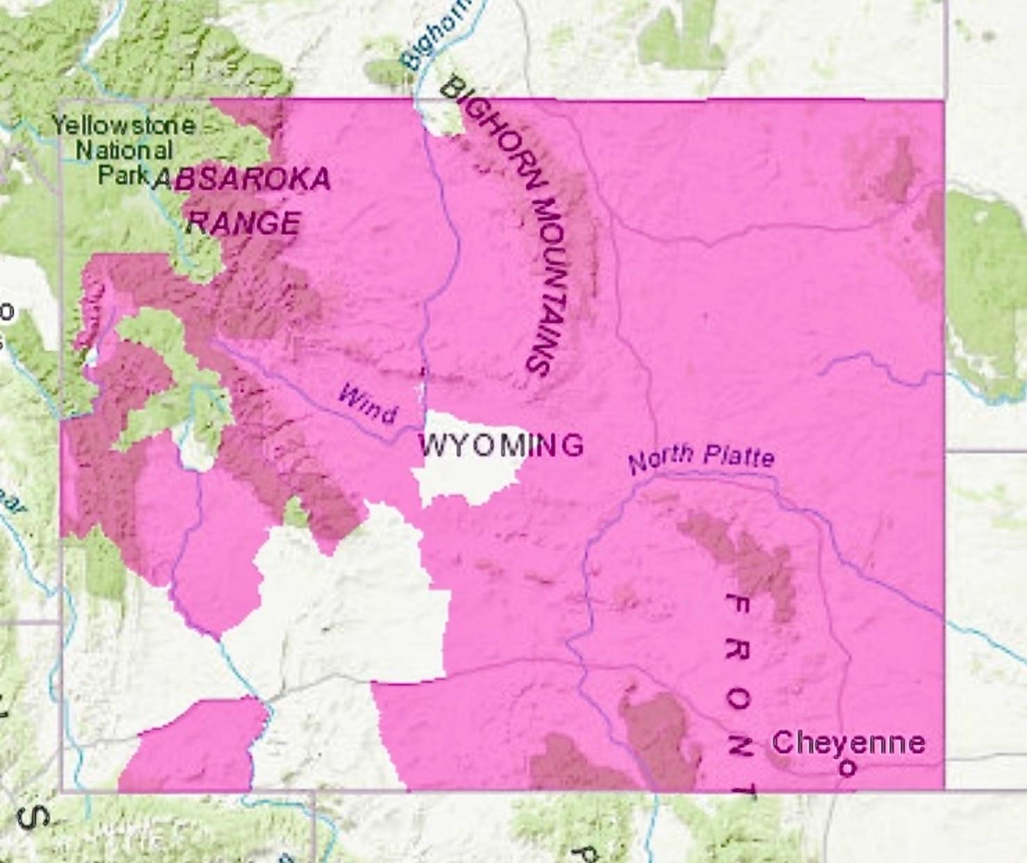 The reddish portions of this map of Wyoming show how CWD has spread and areas of the state where the disease is known to be endemic.  So far, CWD has not been confirmed in Yellowstone and CWD-positive animals have been found on the outsider perimeter of the National Elk Refuge in Jackson Hole. Map courtesy Wyoming Game and Fish