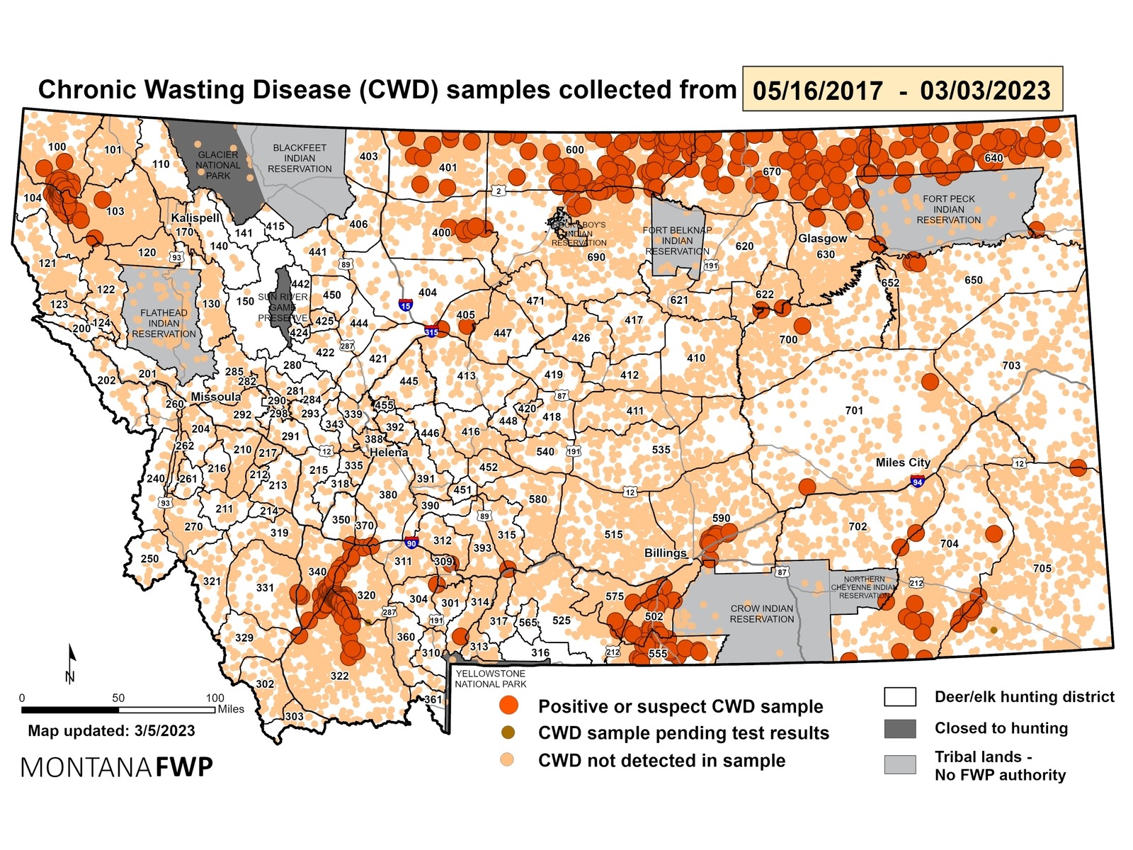 Seven years ago, CWD had not been confirmed in Montana but ramped us testing, that involves hunters submitting tissue samples of animals they have killed, show how its prevalence continues to spread in elk and deer. Map courtesy Montana Fish Wildlife and Parks