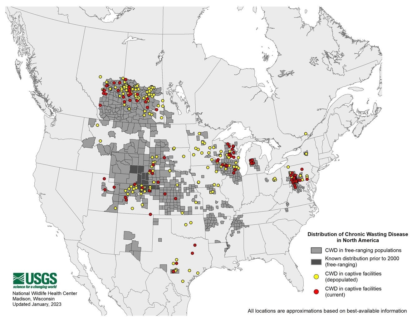 This map assembled by the USGS shows the current reach of CWD in both wild and captive cervid herds. The origin of the disease dates to the 1960s when researchers in Colorado were studying sickened mule deer at a captive facility near Fort Collins. Some of those animals escaped. 