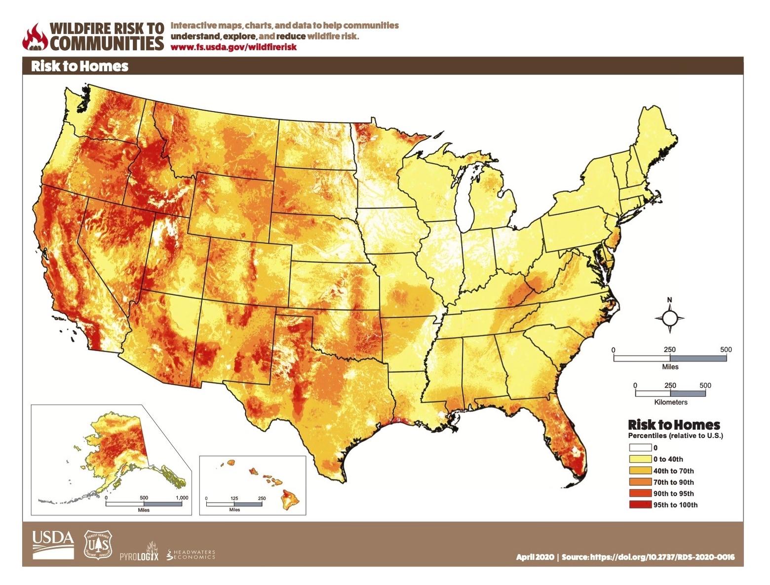In this map from the US Forest Service, reddish areas spell high risk for people dwelling in the WUI. 