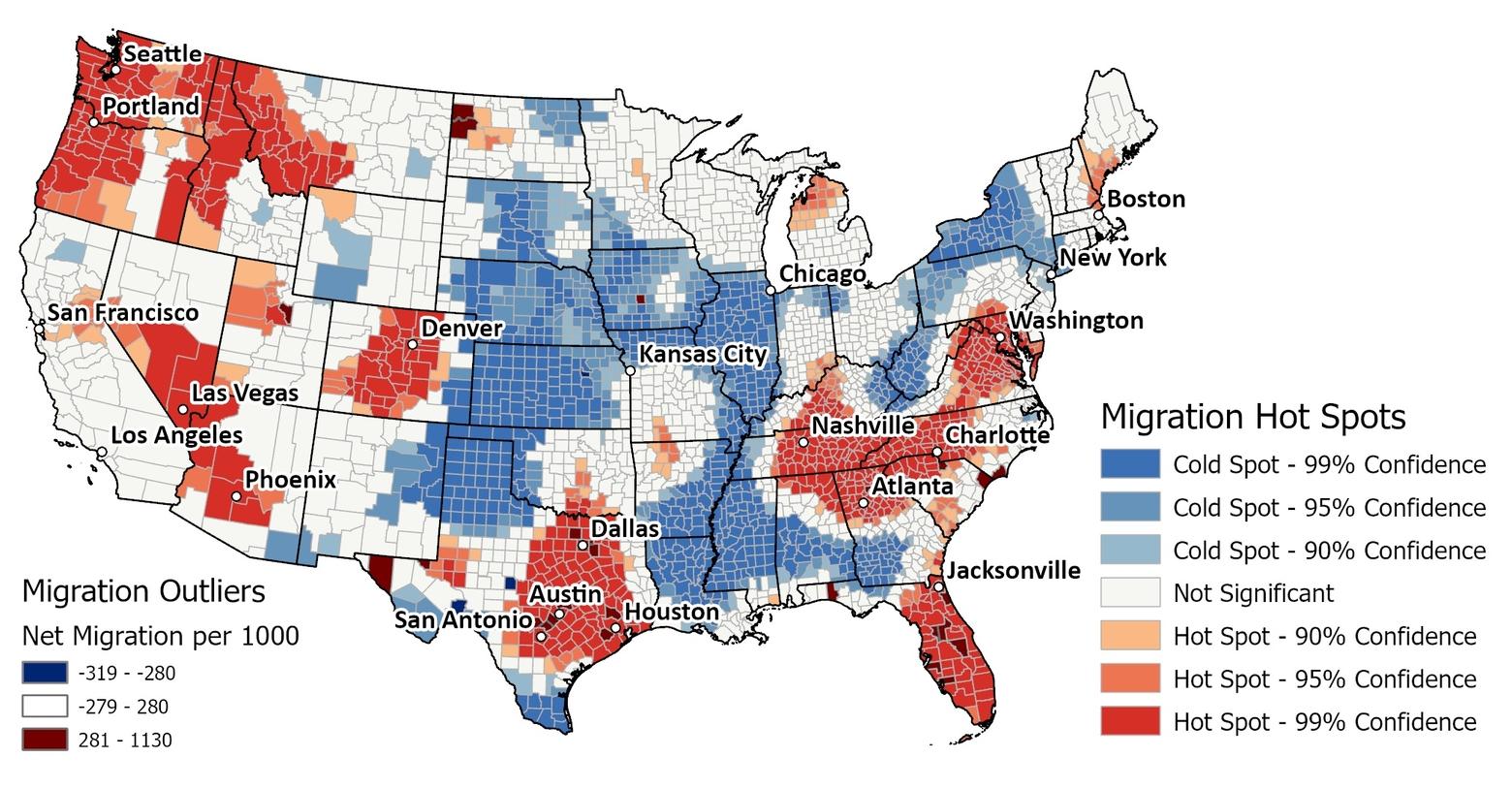 The map here shows migration hot and cold spots in the U.S. Positive/red values indicate more people moving in than leaving, negative/blue values indicate more people leaving than moving in. Map courtesy of ‘Flocking to Fire’ report