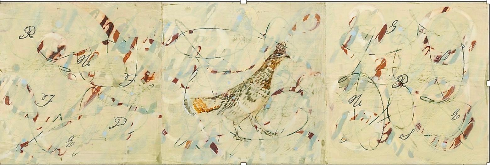 "Specimens (with Ruffed Grouse), 2016, oil on panel, 24 x 72 inches. It was one piece in Courtenaye's earlier exhibition and in some ways an homage to her husband, the late Gary G.B. Carson who was naturalist, avid grouse hunter and lover of bird dogs