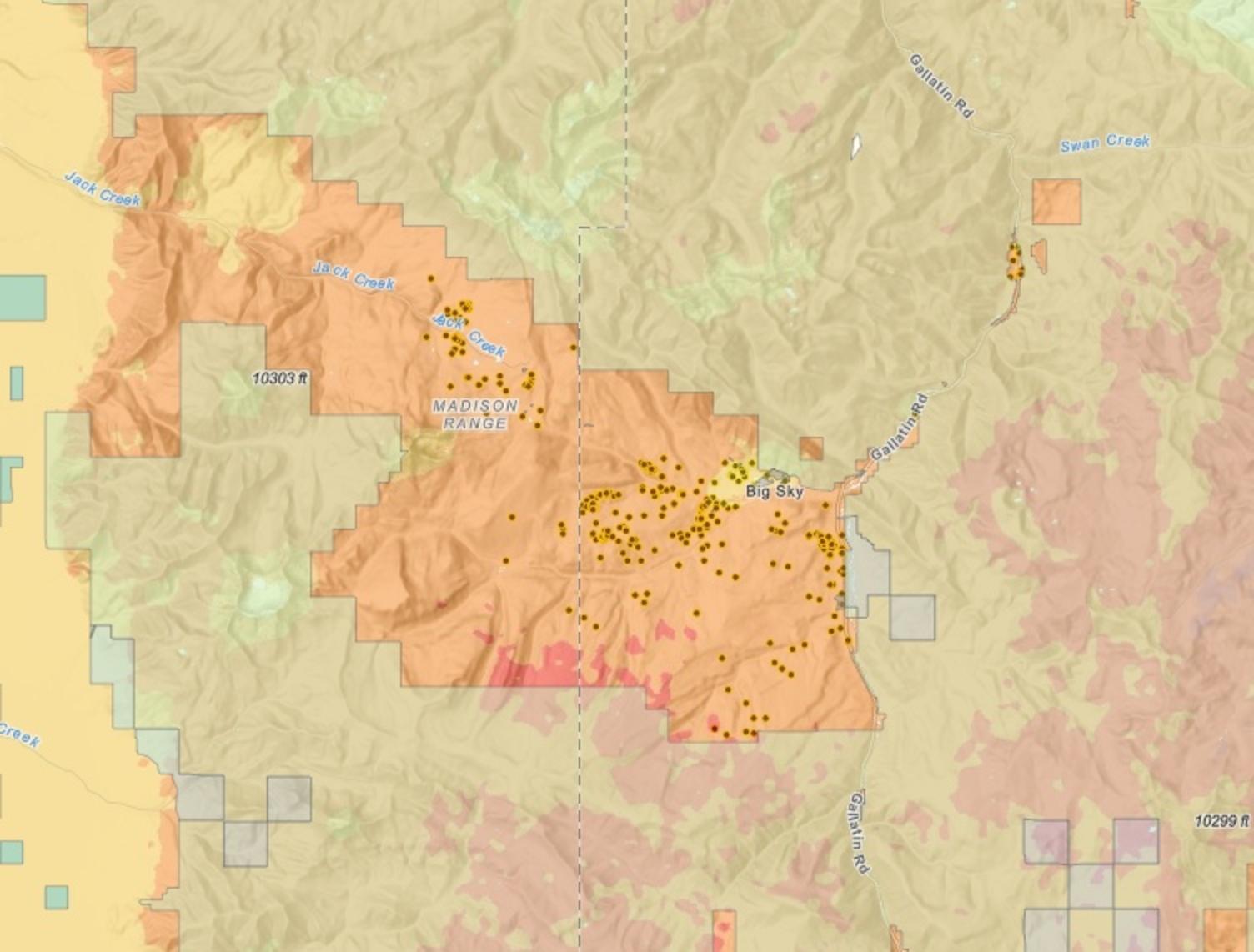 This map depicts 2020-2022 new construction in Big Sky (black dots). The colors indicate wildfire risk to structures: Yellow is moderate, orange is high, red is extreme. Ninety-six percent of new buildings being constructed in Big Sky are considered in "high" or "extreme" wildfire risk areas. That's on top of structures already built in forested areas that house thousands of people. Map courtesy Big Sky Fire Department 