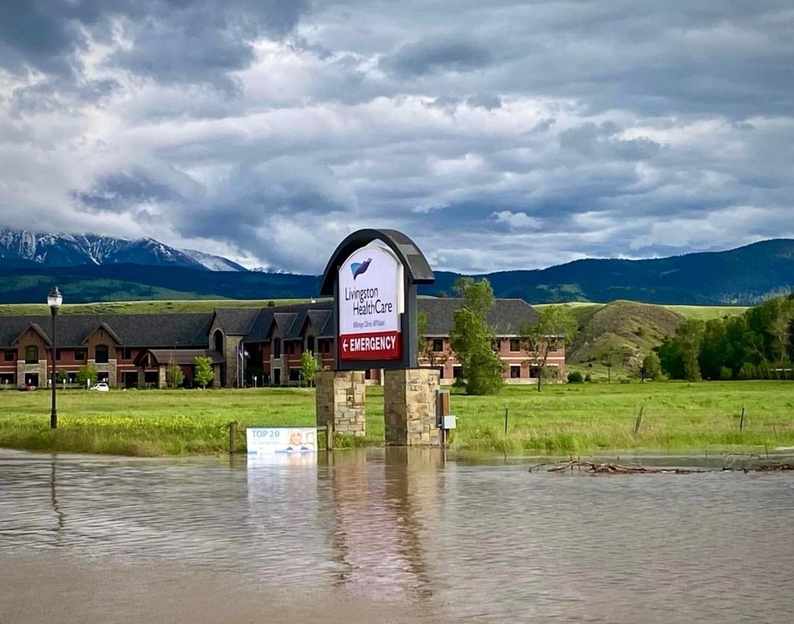 The recently-built new Livingston Hospital is the pride and joy of the community. Constructed near the Yellowstone River, it was surrounded by floodwaters, driven by torrential rain and melting snowpack, in June 2022. Some nearby buildings suffered water damage.