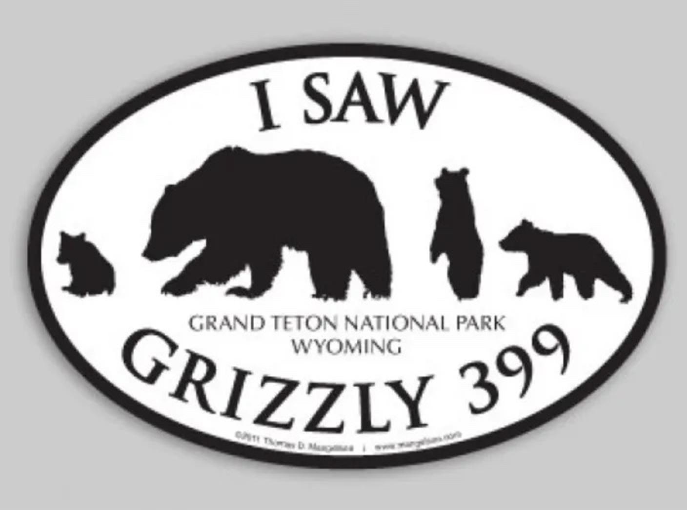 A bumper sticker Mangelsen gives to kids who see Grizzly 399