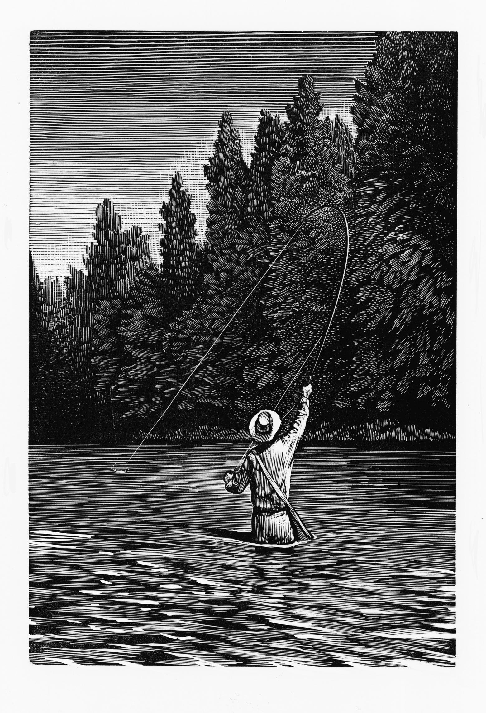 A woodcut illustration in "Big Two-Hearted River" by master engraver Chris Wormell