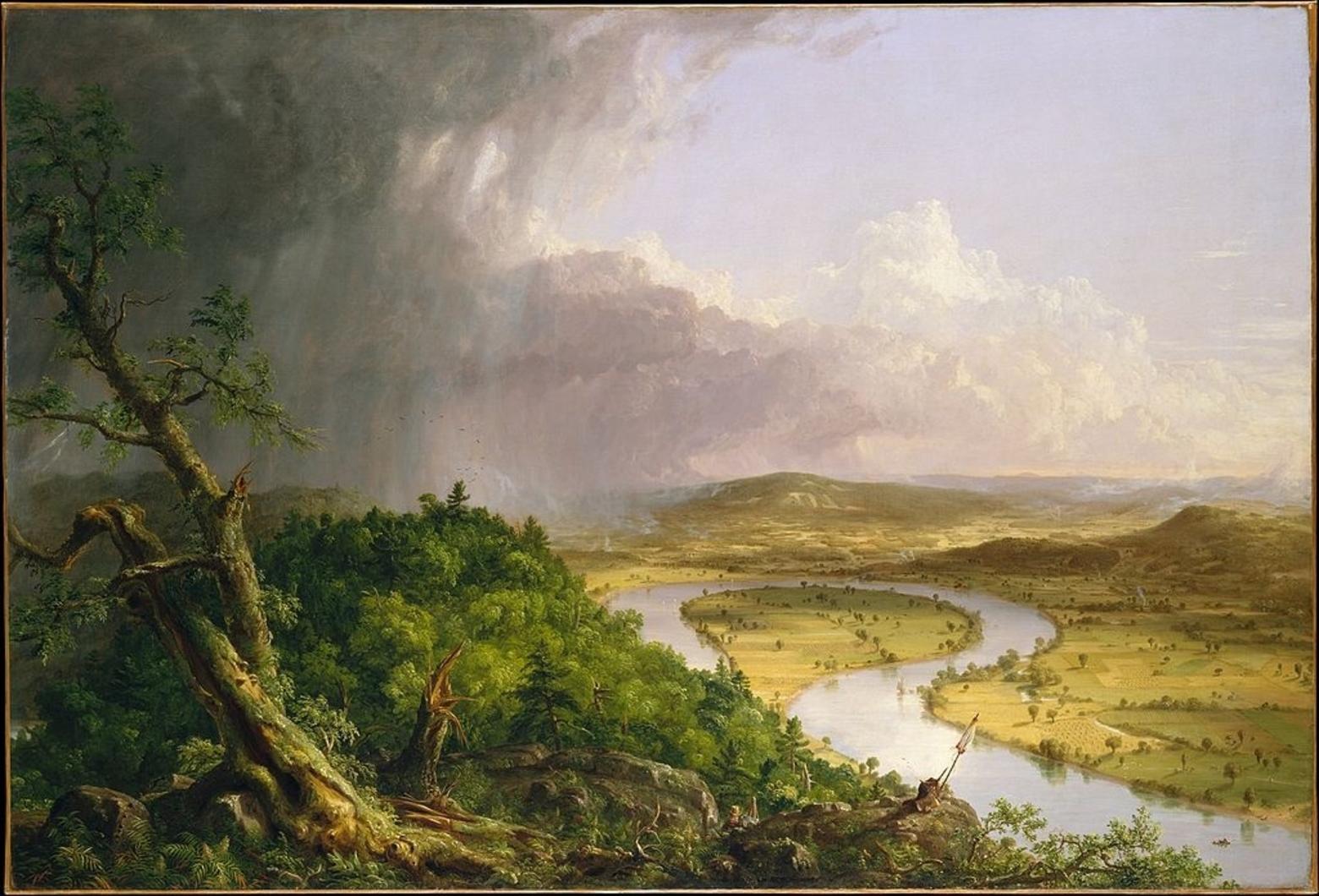 The Oxbow: This 1826 painting by Hudson River school luminary Thomas Cole in the Metropolitan Museum of Art in New York City depicts the view from Mount Holyoke in Northampton, Massachusetts, after a thunderstorm.  Public Domain