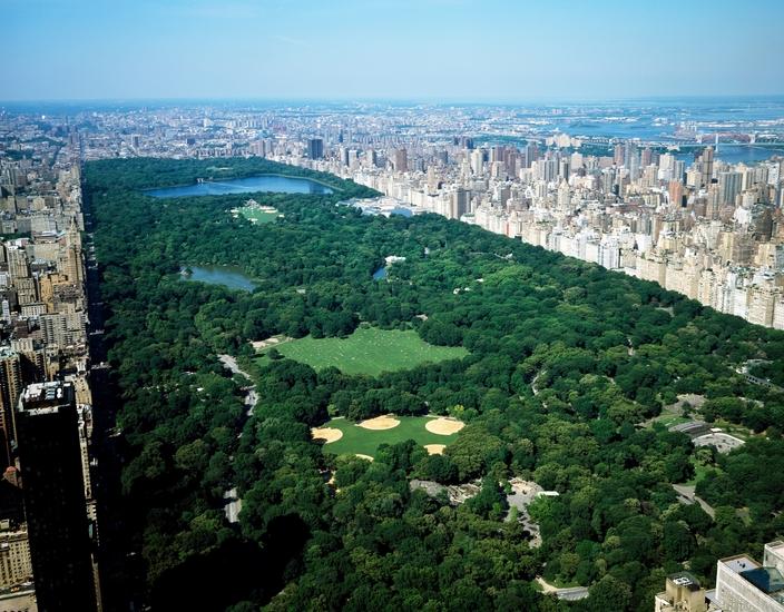 New York City's Central Park from the air.. Landscape architects Frederick Law Olmsted and Calvert Vaux designed the park, and it first opened to the public in 1858. Photo by Carol M. Highsmith