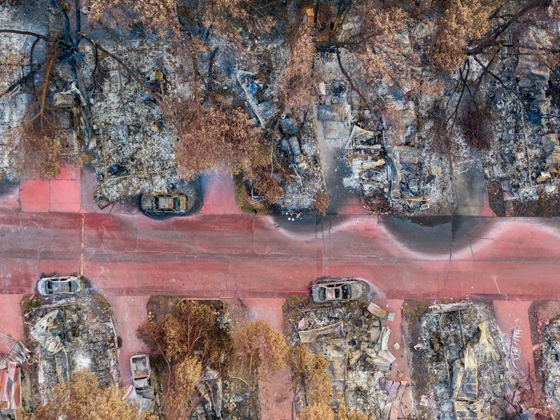 Aftermath of a wildland-urban interface neighborhood in Oregon that was burned by wildfire