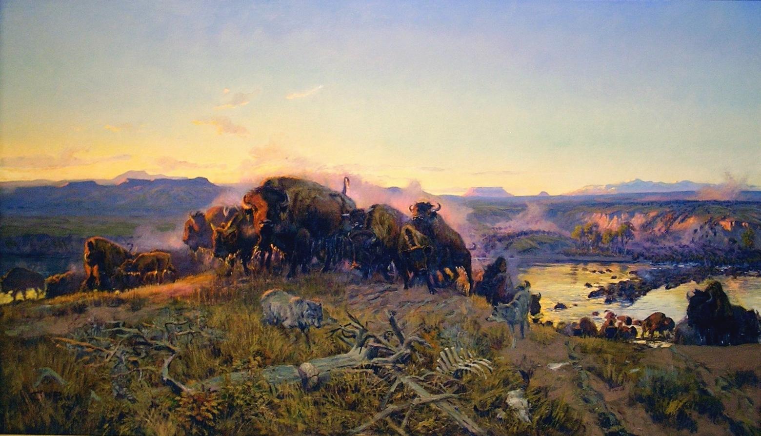 "When the Land Belonged to God," an oil painting by Charles M. Russell. Russell often reflected on the changes the marked the difference between the aboriginal West and the so-called "Old West" defined by settlers pouring into the region. Russell had an appreciation for nature. Many of his "cowboy and Indian" scenes, however, are considered passe.  This painting is part of the Montana Historical Society's permanent McKay Collection. For years this work hung in the Montana Senate.