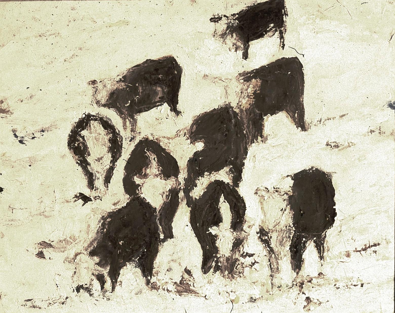 Top: "East Fiddler Creek" (1967)  by Isabelle Johnson. Just above: "Calves, Winter" (1950)  also by Johnson. Both images courtesy of the Yellowstone Art Museum
