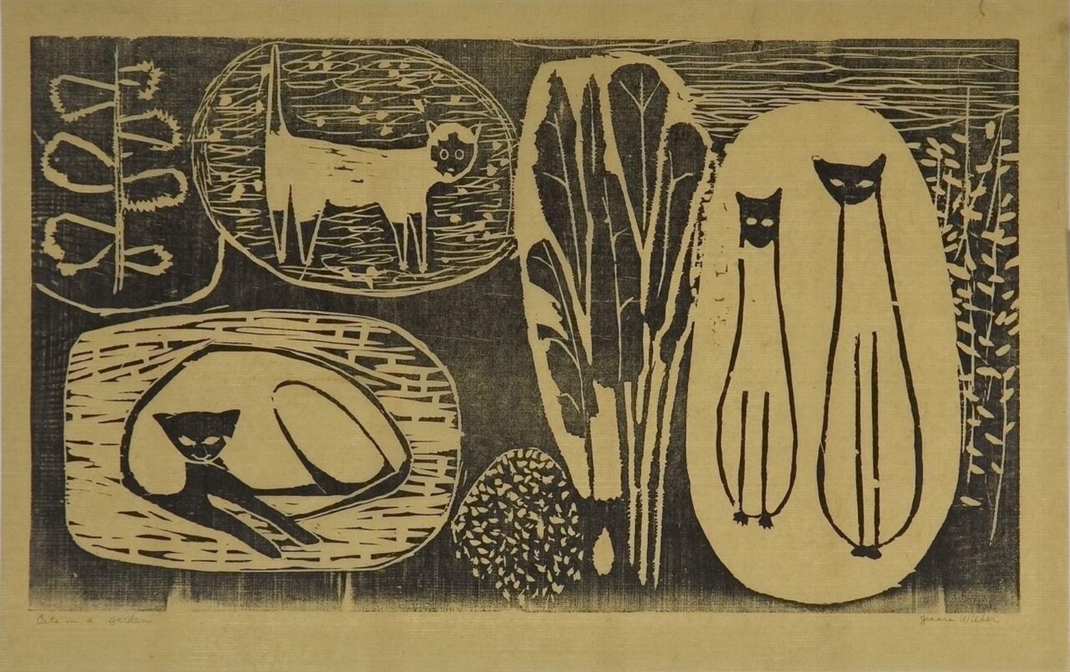 Top: "The River (Don't Dam It) (1977)  woodblock print byJessie Wilbur. Above: "Cats in Garden" (1950), also by Wilber. Images courtesy Montana State University School of Art