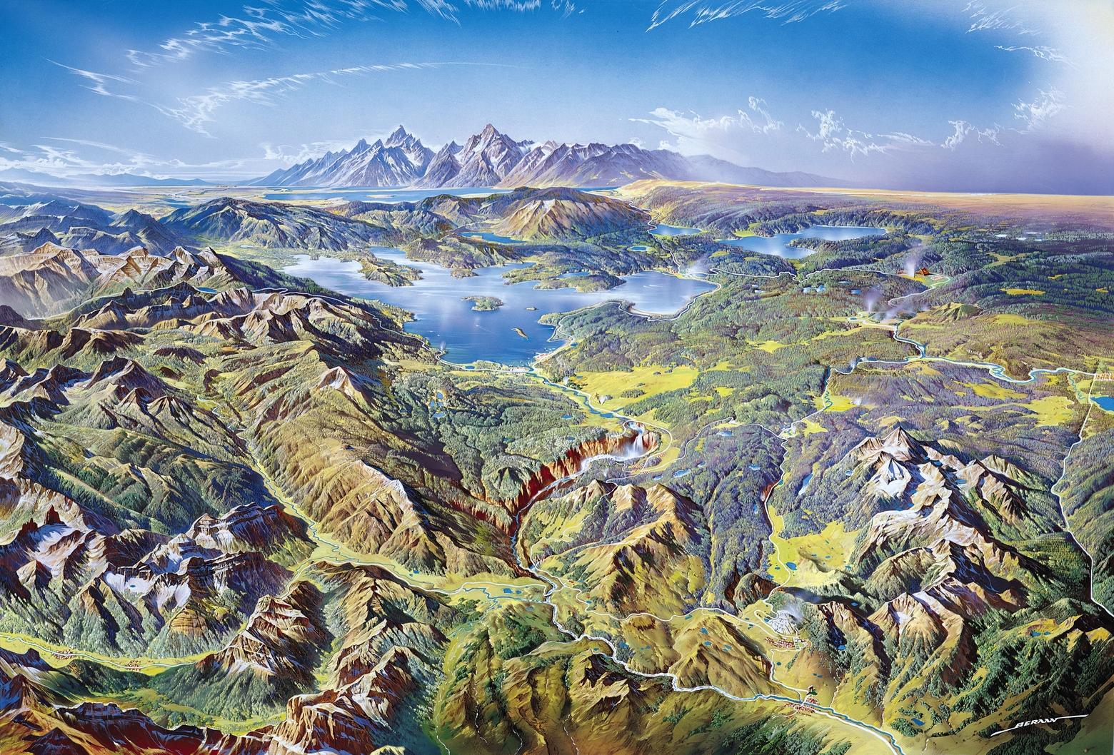 Heinrich Berann's painting of Yellowstone looking south toward Jackson Hole was commissioned by the National Park Service but it speaks to how the natural qualities of the region's public lands transcend jurisdictional boundaries.