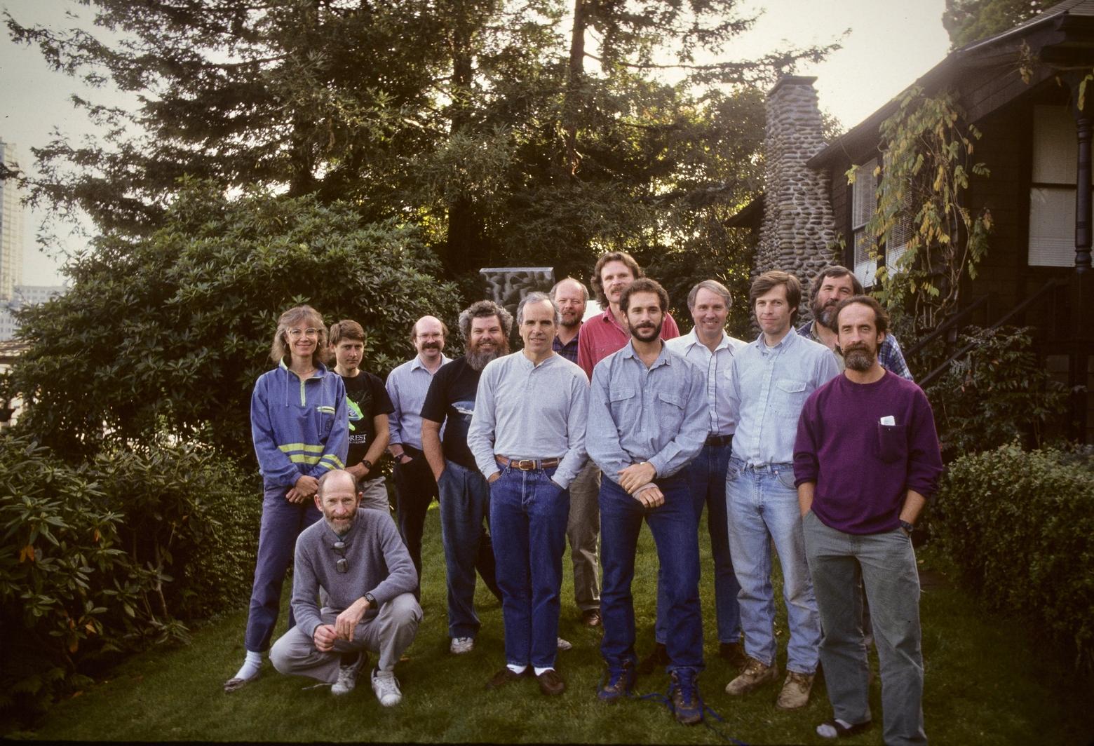 Ahead of their time but their ideas might be perfect for ours. Some of the early founders of The Wildlands Project who helped pioneer the thinking of large landscape conservation. Note: since their first meetings and as their movement expanded globally, it brought diverse people into the fold. Pictured here, left to right: Roz McClellan, John Davis, David Johns, Jim Eaton, Doug Tompkins, Dave Foreman, George Wuerthner, Mitch Friedman, Monte Hummel, Jamie Sayen, Rod Mondt and Reed Noss. Kneeling is the late Michael Soule, a forerunner in conservation biology.