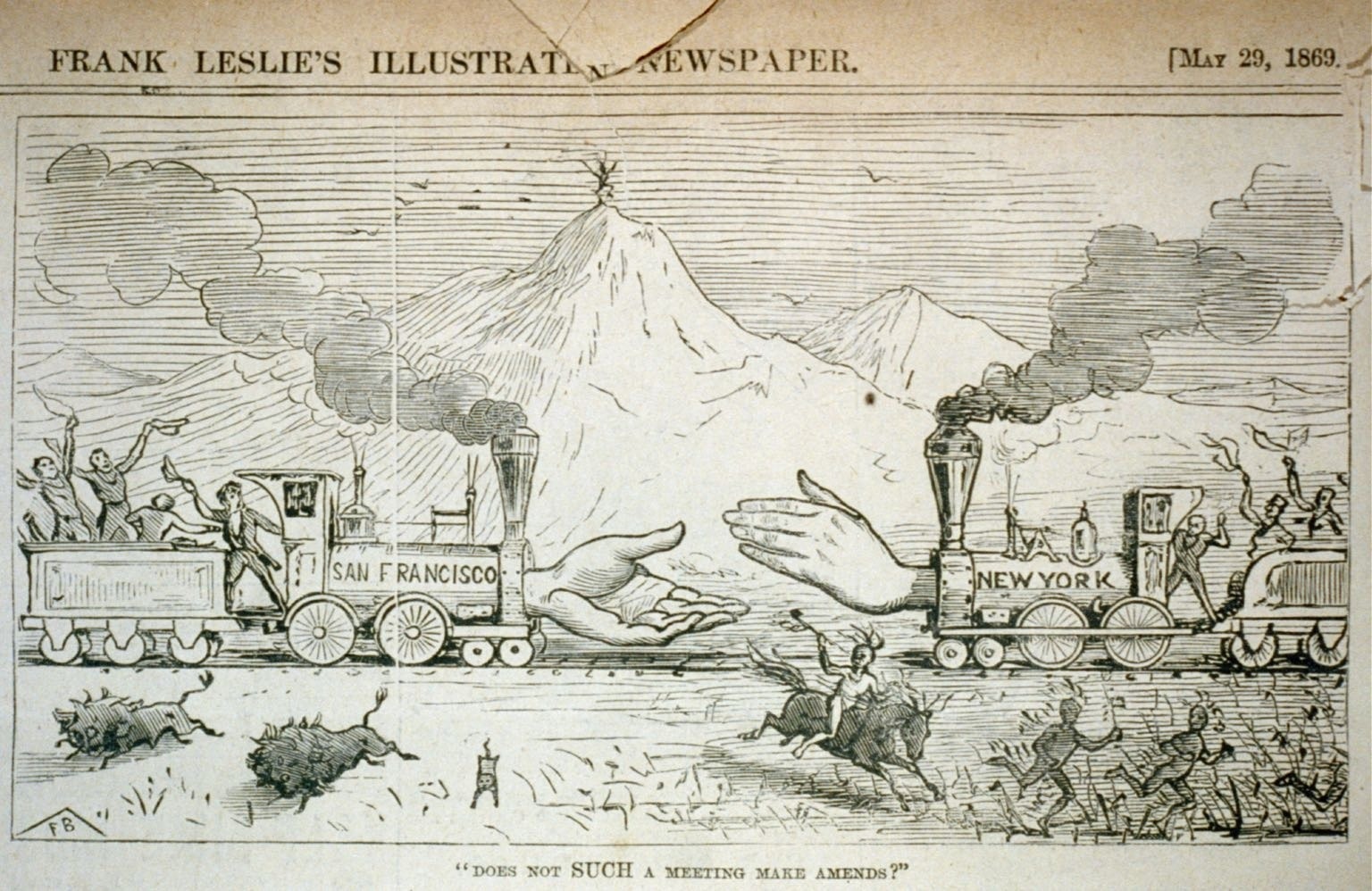 The railroad unites America's east and west coasts. Cartoon printed in Frank Leslie's Illustrated Newspaper, 1869. Credit: Library of Congress