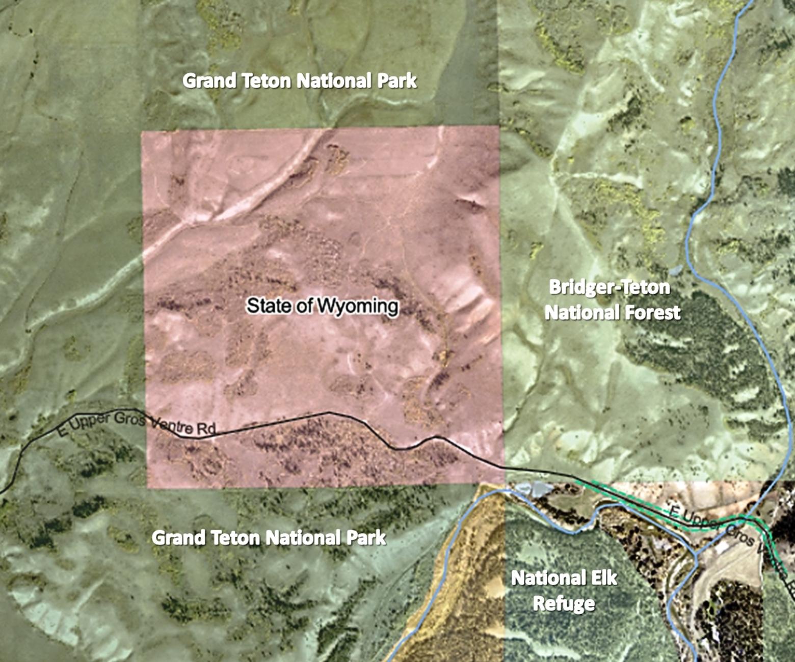 School sections such as the Kelly parcel (in pink) within Grand Teton National Park were deeded when Wyoming became a state in 1890, before the park was later expanded to encompass them.