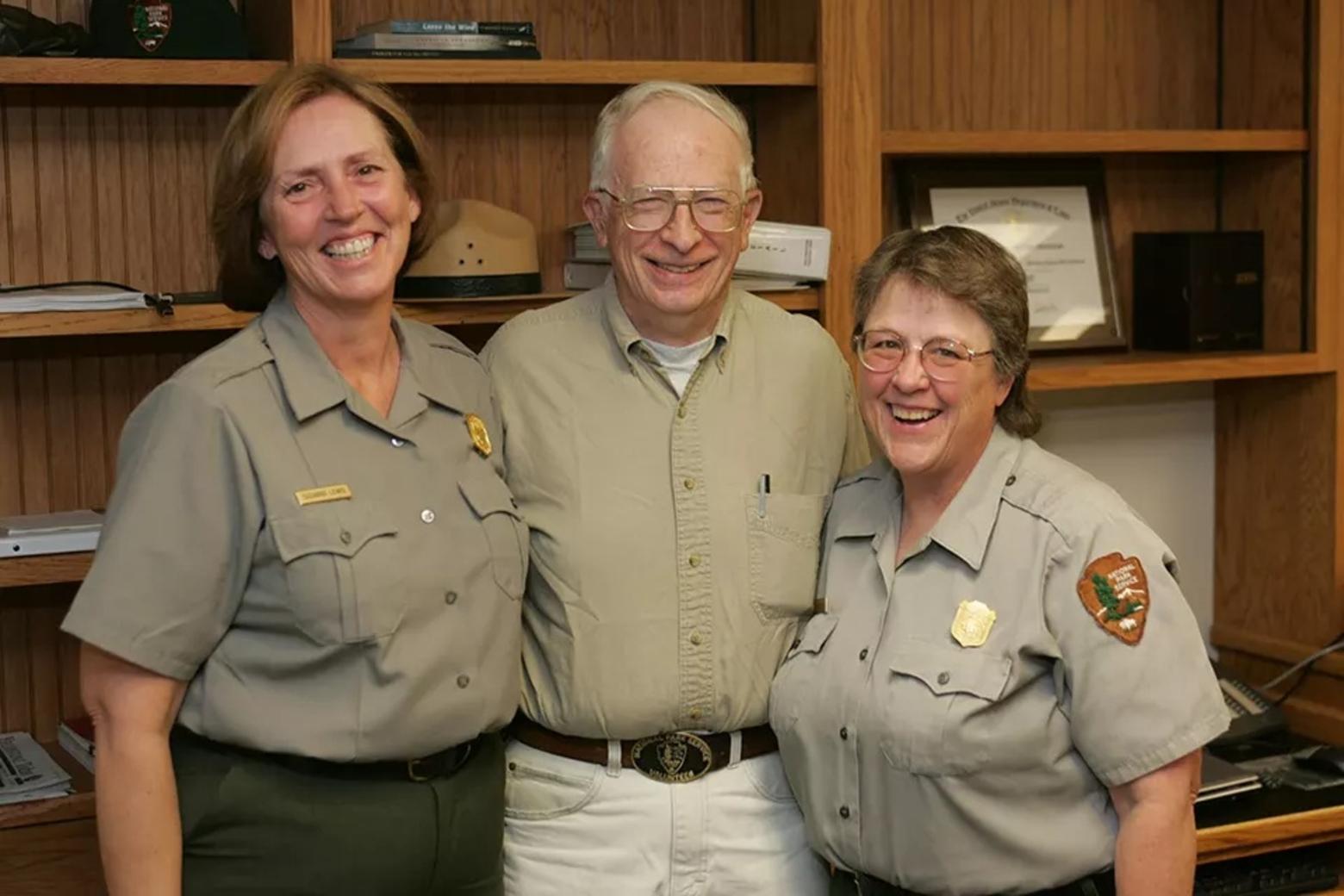 Suzanne Lewis served as Yellowstone National Park’s superintendent from 2002-2010, the park’s first, and thus far only, woman to hold Yellowstone’s chief executive position. Here, Lewis (L) and Cultural Resources Chief Ann Johnson present John Reynolds with the George and Helen Hartzog Enduring Service Award for his over 8,000 hours of volunteer work with the Yellowstone Archeology Program in 2012. Photo courtesy NPS