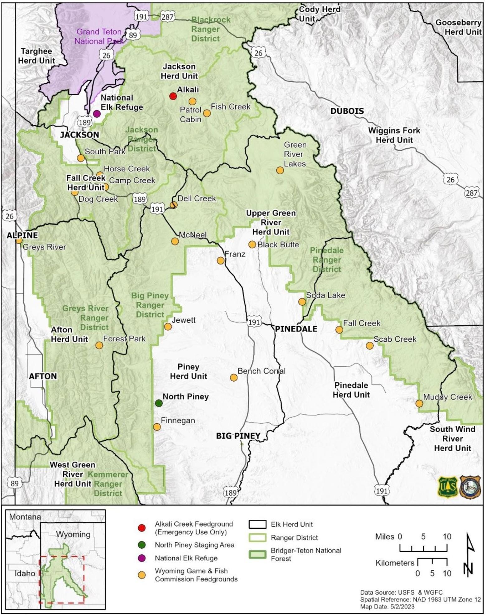 The Bridger-Teton National Forest boundary, ranger district boundaries, elk herd unit boundaries, National Elk Refuge, staging area (North Piney), and WGFC-managed feedgrounds. Map courtesy Bridger-Teton National Forest