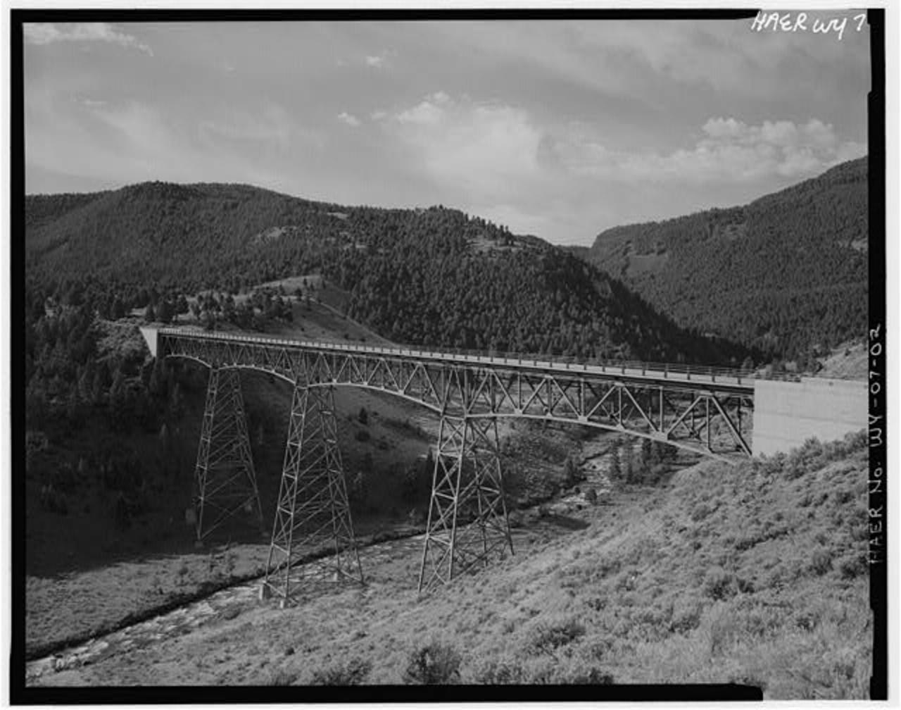Looking to the south, the Gardner River Bridge spans the Gardner River at the North Entrance Road in Yellowstone National Park, July 1983. Photo courtesy Library of Congress