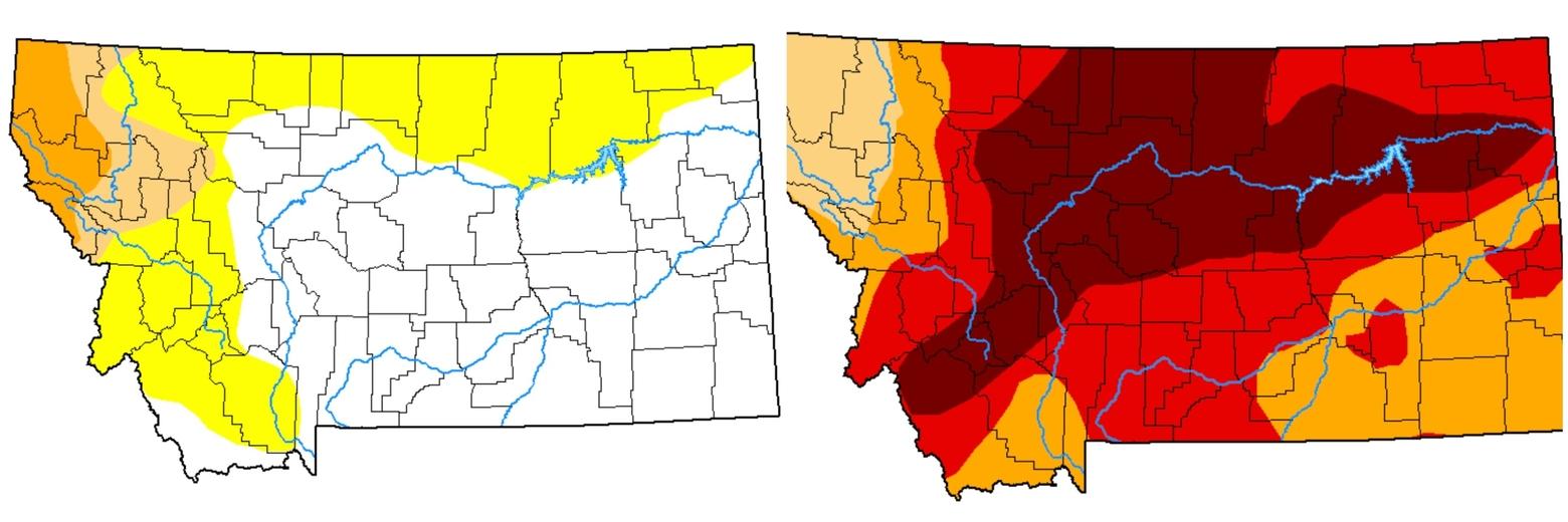 While drought is considered common in Montana, severity levels can vary greatly from year to year, and the indicators that factor into drought classification are many. At left: Montana's drought classification on Dec. 5, 2023. At right: Montana's drought classification on Dec. 7, 2021. Maps courtesy U.S. Drought Monitor