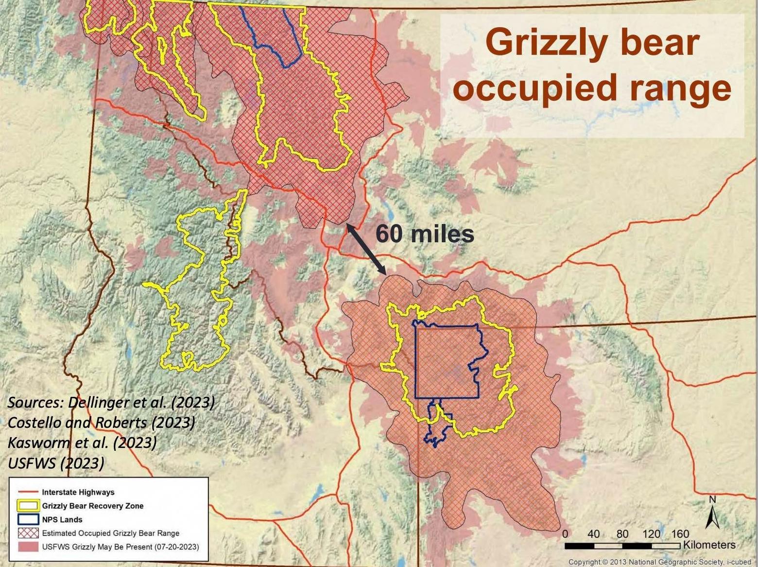 The map above shows the 2023 dispersal of grizzly bears in the Greater Yellowstone and Northern Continental Divide ecosystems. Map courtesy National Geographic Society