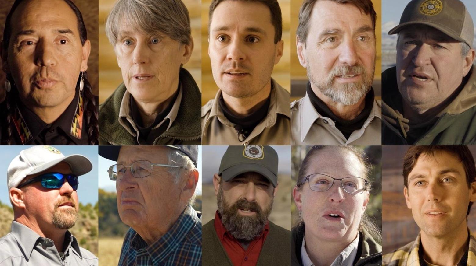 Featured experts in the film include: (upper row from left to right) George Abeyta, Eastern Shoshone Educator; Sarah Dewey, Justin Schwabedissen, and Superintendent Chip Jenkins with Grand Teton National Park; Art Lawson, Shoshone and Arapaho Tribes Fish and Game; (lower row left to right) Josh Rydalch, Idaho Department of Fish and Game; Clen Atchley, Flying A Ranch, Lamont, Idaho; Tony Mong and Jill Randall, Wyoming Game and Fish Department; and Max Ludington, Jackson Hole Land Trust.