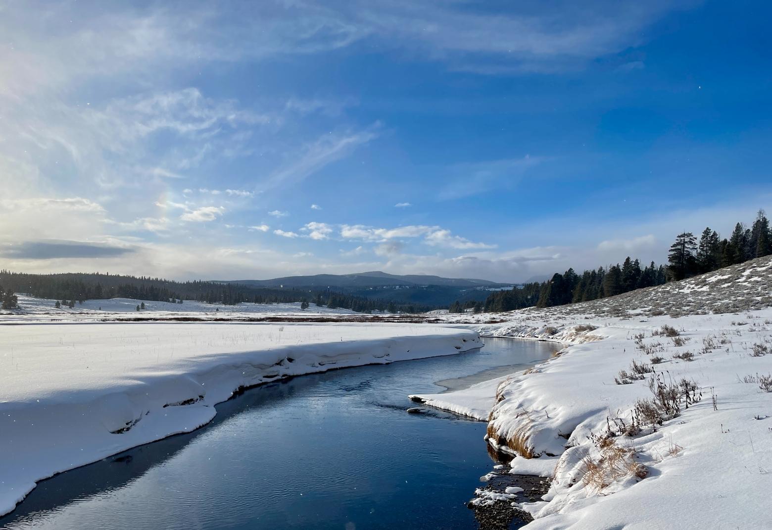 The Gallatin River as it meanders out of Yellowstone National Park. As of January 23, the Gallatin River watershed was at 62 percent of average snow-water equivalent and upper river sections remained ice-free. Photo by David Tucker