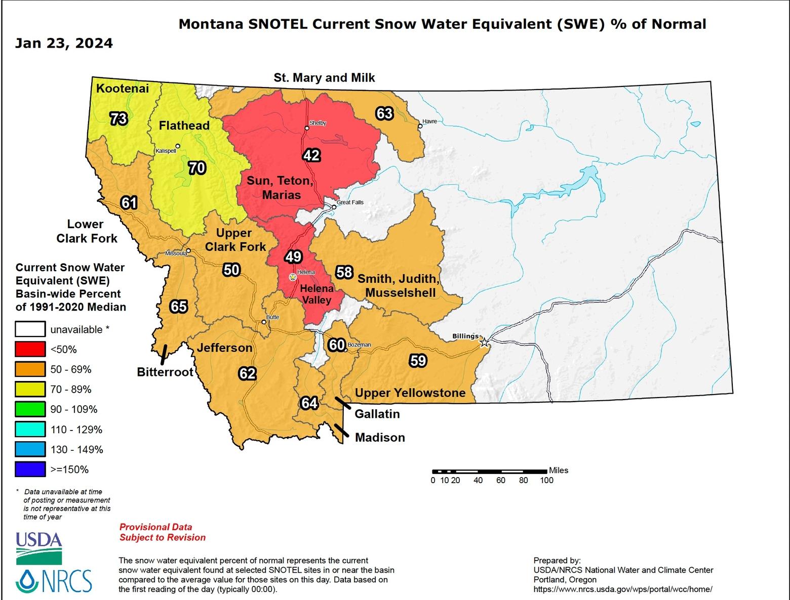 The snow-water equivalent on Jan. 23 in southwest Montana and around Greater Yellowstone was just over 60 percent of average. Map courtesy USDA